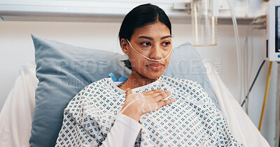Buy stock photo Sick, woman and chest pain in hospital bed with breathing tube, asthma attack or respiratory disease. Tired, person and lung infection in medical clinic with virus, health condition and illness.