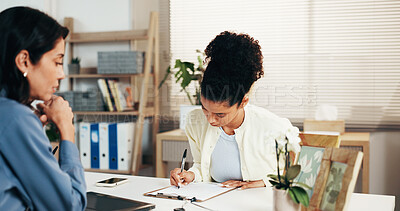 Buy stock photo Woman, doctor and patient writing with clipboard for health insurance, signature or medical consent. Female people, client and paperwork with checklist or form for healthcare application in clinic