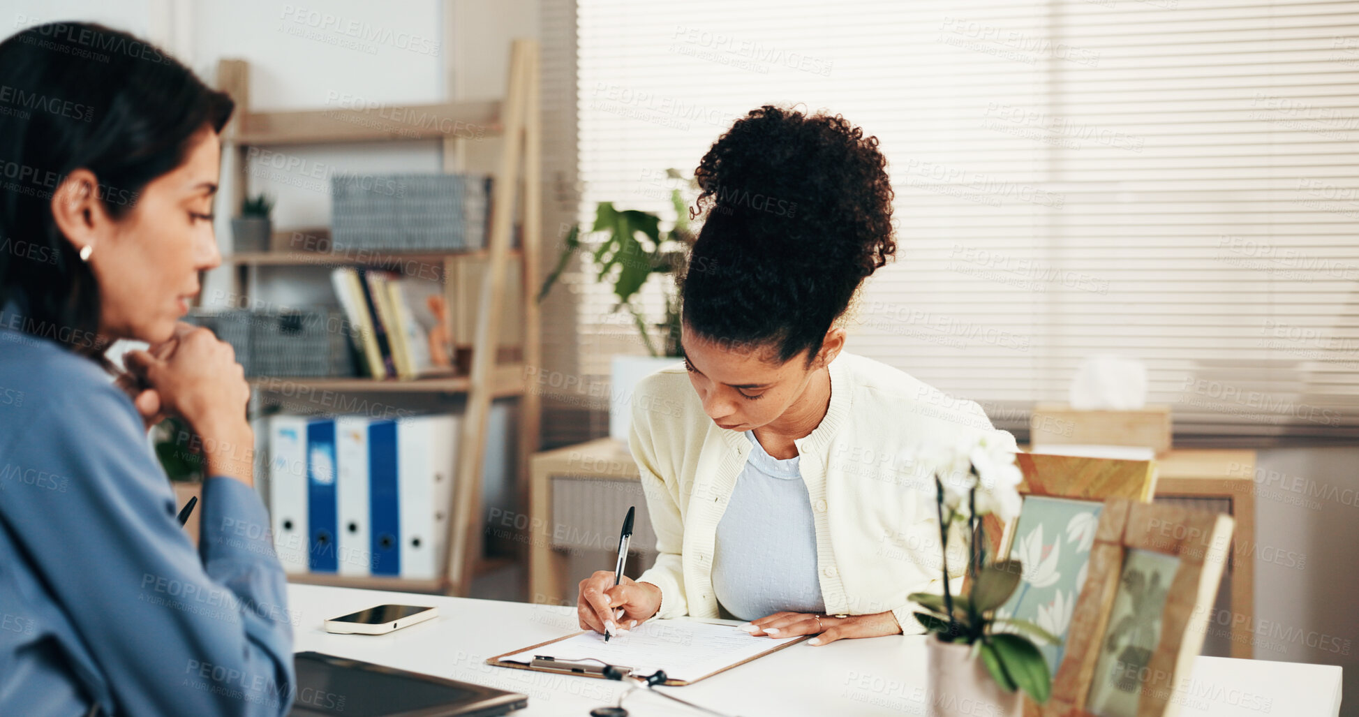 Buy stock photo Woman, doctor and patient writing with clipboard for health insurance, signature or medical consent. Female people, client and paperwork with checklist or form for healthcare application in clinic