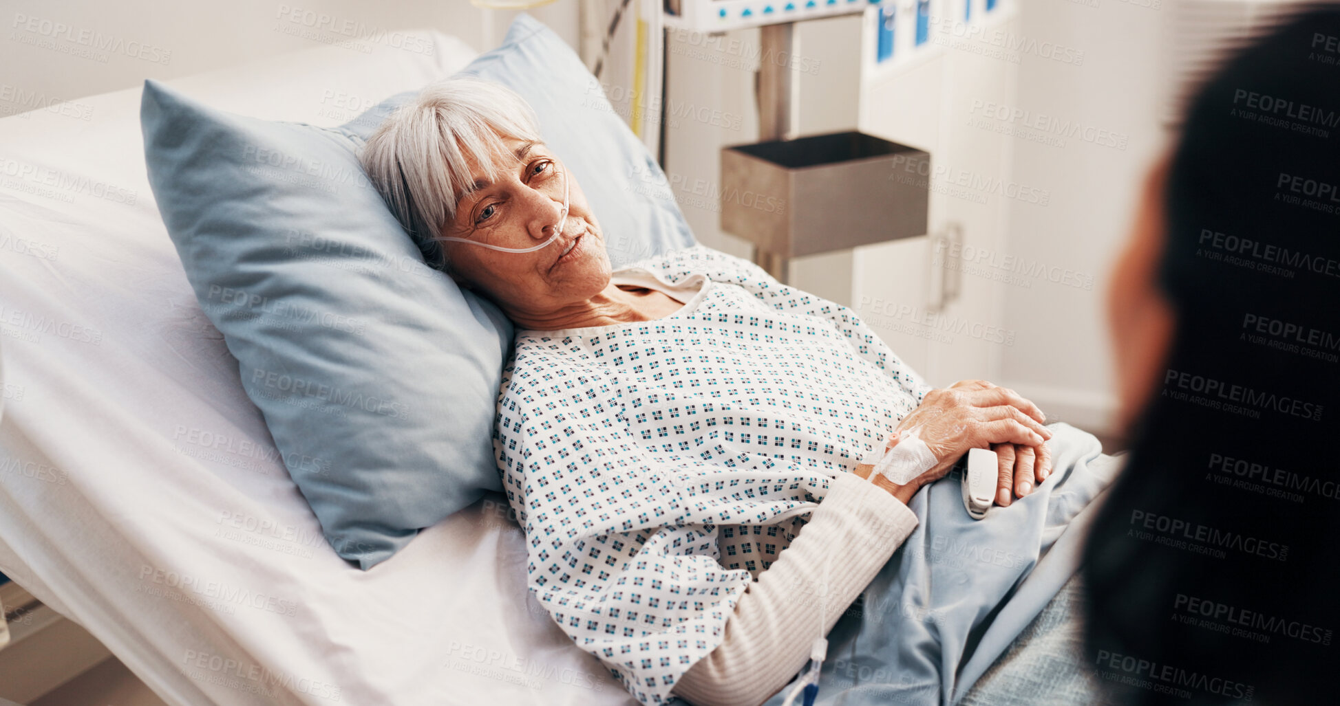 Buy stock photo Hospital bed, woman and visit with elderly mother, family support and healthcare chat for recovery. Senior parent, ward or adult daughter with medical checkup, patient talk or rehabilitation optimism
