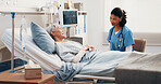 Nurse, talk and old woman in hospital bed with checkup, breathing tube or advice for asthma symptoms. Medical worker, senior person and discussion in clinic with respiratory infection, virus or help.