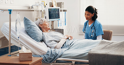 Buy stock photo Nurse, talk and old woman in hospital bed with checkup, breathing tube or advice for asthma symptoms. Medical worker, senior person and discussion in clinic with respiratory infection, virus or help.