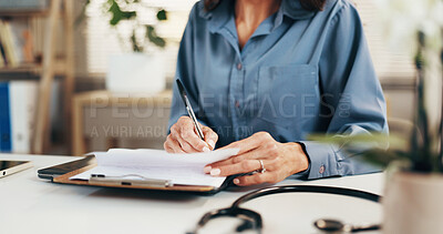 Buy stock photo Woman, hands and doctor writing with clipboard in clinic office for medical results or prescription. Female person, healthcare worker or checklist with sick note for health insurance or consultation