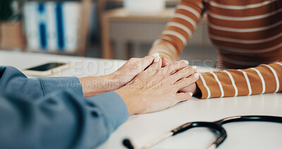 Buy stock photo Medical, doctor or person in office with holding hands, comforting or empathy for hospital diagnosis. Consoling, patient or gp in clinic with support, understanding or sympathy for healthcare results