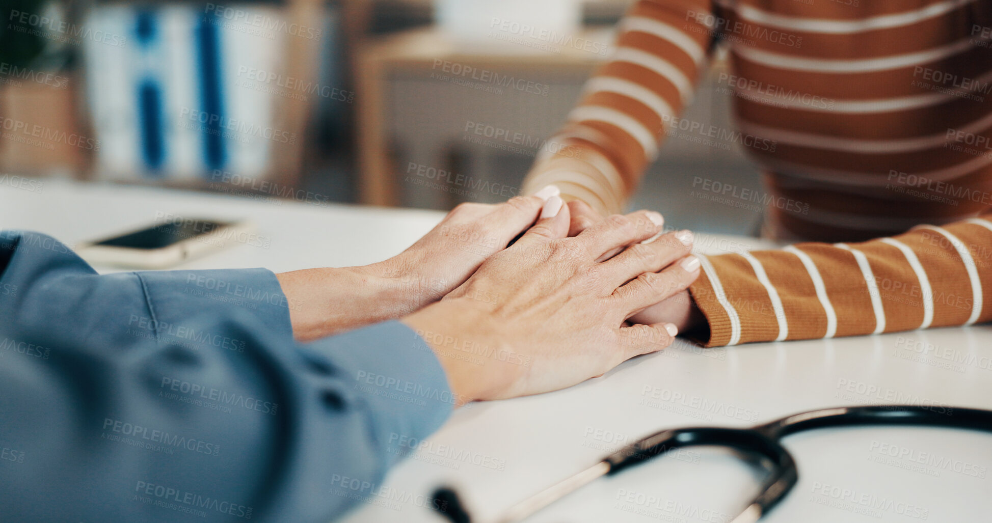Buy stock photo Medical, doctor or person in office with holding hands, comforting or empathy for hospital diagnosis. Consoling, patient or gp in clinic with support, understanding or sympathy for healthcare results