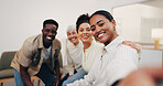 Happy, people and friends with selfie in support group for photography in circle of trust together. Portrait, community or capture moment with therapist for memory, picture or counseling in practice