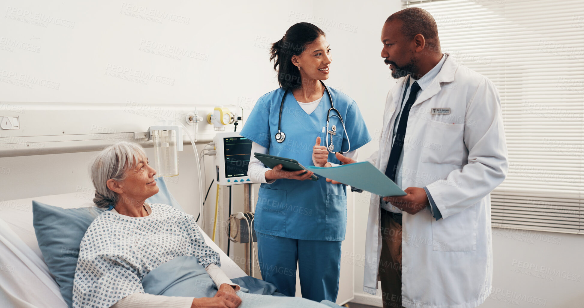 Buy stock photo Hospital bed, medical team and old woman with healthcare consultation, recovery folder and tablet. Tech, doctor or nurse with happy senior patient in ward for checkup, discussion or health results