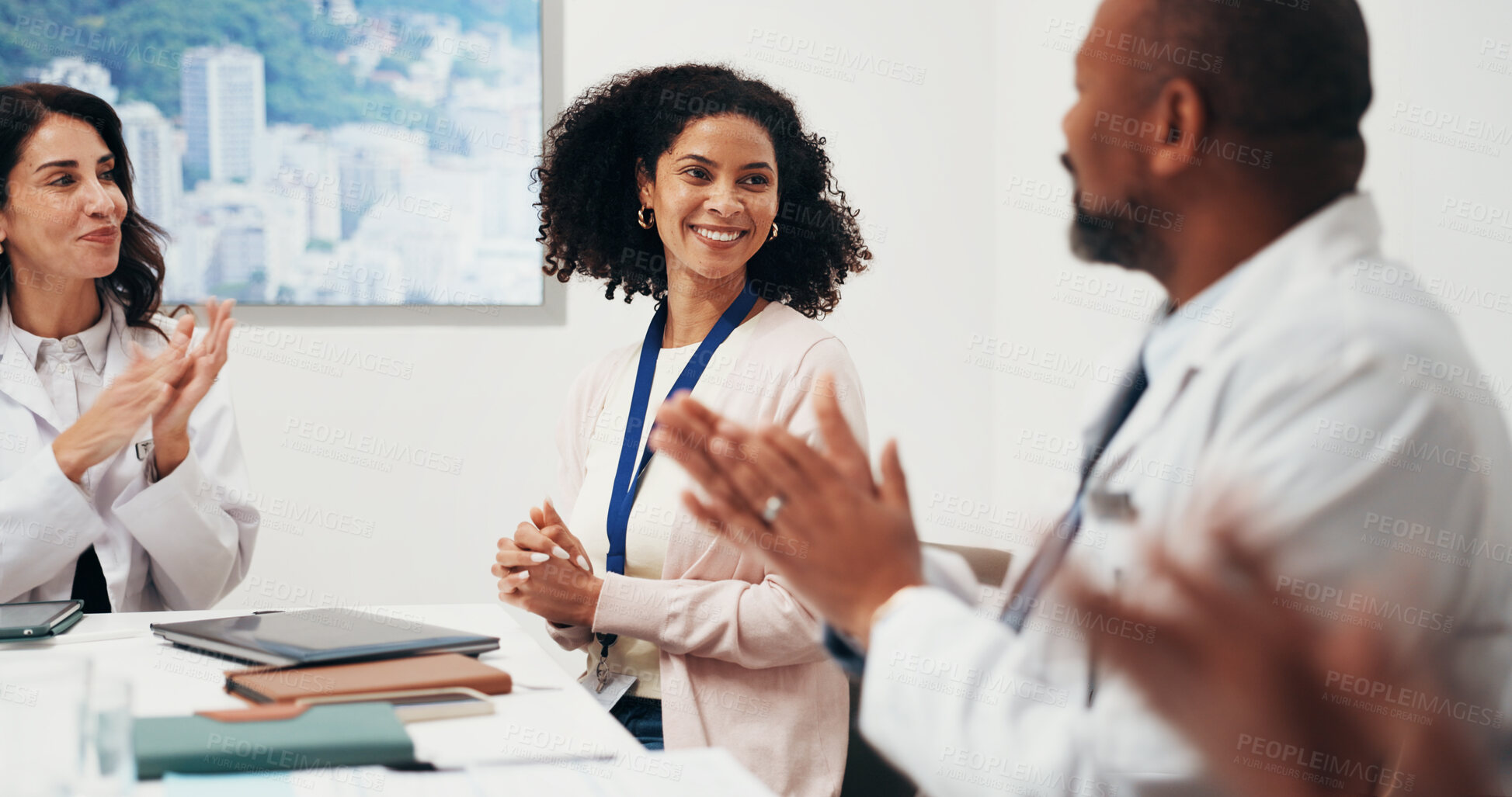 Buy stock photo Applause, woman and celebration with doctor in meeting for medical support, success or praise. Smile, people and healthcare team clapping for achievement, employee recognition and thank you in office