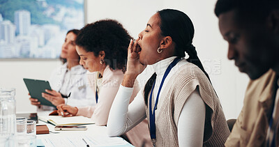 Buy stock photo Meeting, woman and yawn in office, tired or low energy at tedious training workshop for business. Bored, fatigue or people in conference room with information overload, long event or sleepy with team