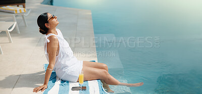 Buy stock photo Woman, relax or vacation with swimming pool in resort for holiday getaway, travel or summer break. Female person, traveler or drink with sunglasses by poolside for weekend trip in beauty spa on space