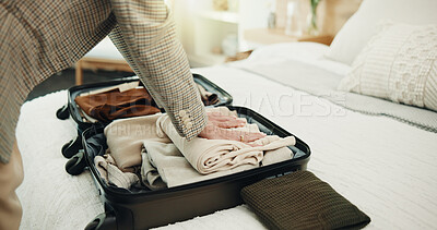 Buy stock photo Hands, packing and business travel with suitcase in bedroom, sorting and plan for journey in house. Organizing, clothes and person with luggage, employee and preparing international trip in home