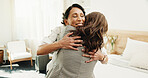 Visit, greeting and friends in house with embrace, bonding together and excitement with reunion. Space, companion or mature woman in bedroom with hug, friendly welcome or happy moment with connection