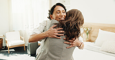 Buy stock photo Visit, greeting and friends in house with embrace, bonding together and excitement with reunion. Space, companion or mature woman in bedroom with hug, friendly welcome or happy moment with connection