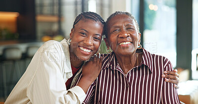 Buy stock photo Love, senior mother or woman in house with portrait, safety or quality time in happy relationship. Smile, black family or adult daughter with elderly parent, security or bonding embrace in connection