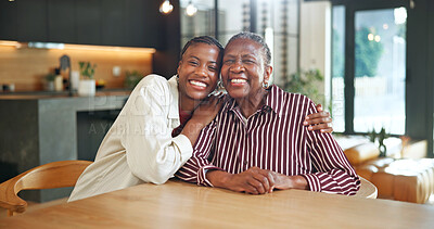 Buy stock photo Love, senior mother or woman in home with portrait, safety or quality time in happy relationship. Smile, black family or adult daughter with elderly parent, security or bonding embrace in connection.