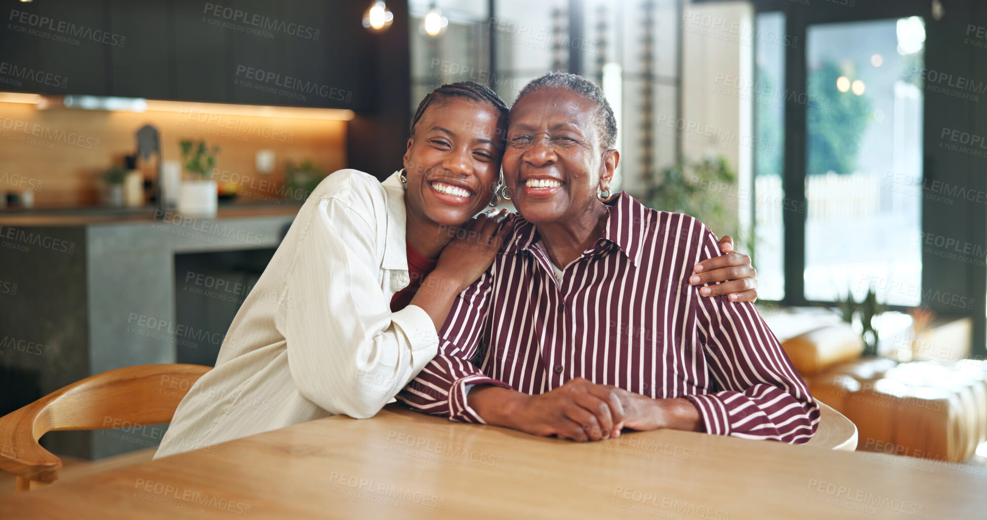 Buy stock photo Love, senior mother or woman in home with portrait, safety or quality time in happy relationship. Smile, black family or adult daughter with elderly parent, security or bonding embrace in connection.