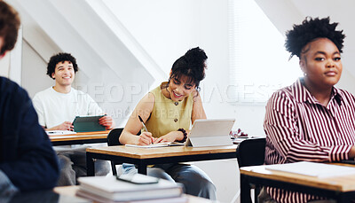 Buy stock photo College, notes and happy woman in class with tablet, exam preparation and research for assignment. Education, study and student with writing, university thesis and online revision for assessment.