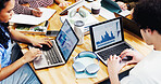 Marketing, analysis or team in office with laptop screen, metric insight or review of ads revenue. Digital, people or branding group with tech, audience data or campaign results in performance track.