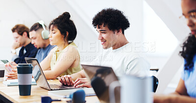 Buy stock photo Typing, laptop or happy man in class for learning, thesis review or student with college scholarship. Tech, reading or person study with university portal for academic feedback, research or education