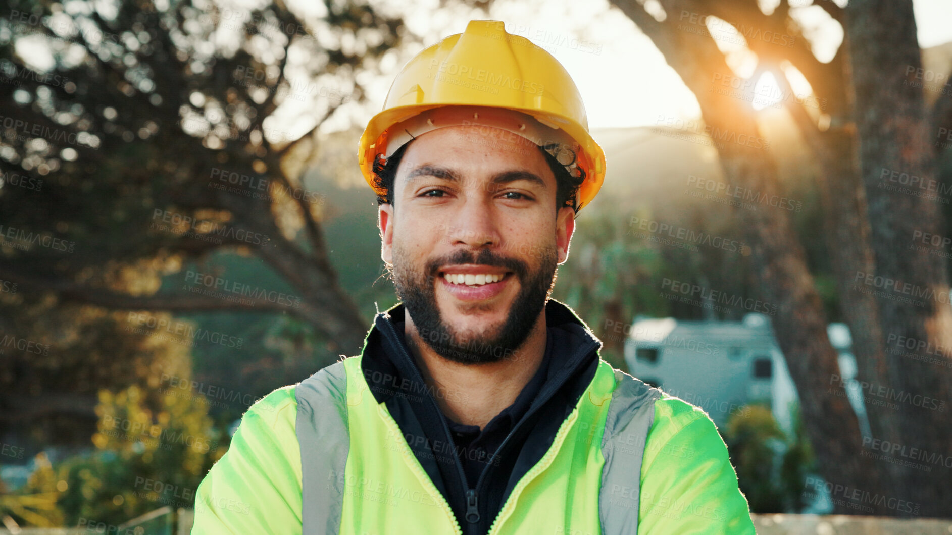 Buy stock photo Construction worker, portrait and man with smile, outdoor or pride for property development on site. Confident, laborer and happy person with helmet, real estate and builder with renovation project