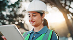 Engineer, reading and happy woman with tablet, outdoor or research for renovation project on website. Property development, information and person with technology, online and civil engineering