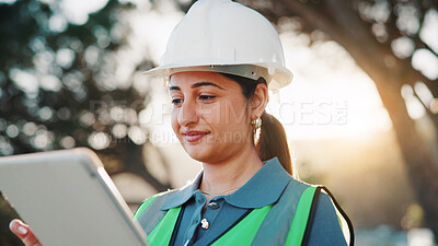 Buy stock photo Engineer, reading and happy woman with tablet, outdoor or research for renovation project on website. Property development, information and person with technology, online and civil engineering