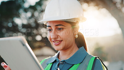Buy stock photo Engineer, research and happy woman with tablet, outdoor and info for renovation project on website. Property development, online and person with technology, civil engineering or reading report on app