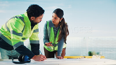 Buy stock photo Engineer, team and people with blueprint, outdoor and plan for property development and discussion. Civil engineering, collaboration and colleagues with paperwork, architecture and renovation project