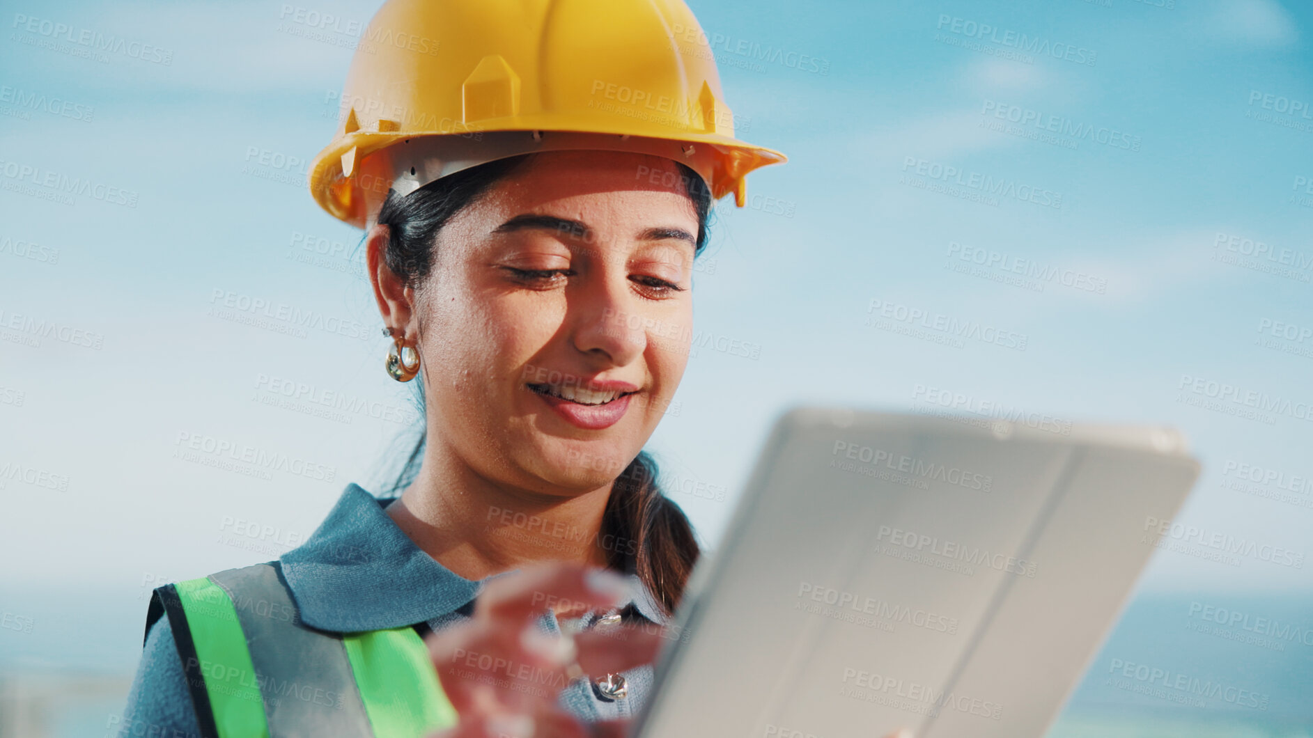 Buy stock photo Woman, engineer and outdoor with tablet for review, building news and update schedule on app. Worker, technology or smile on worksite for design feedback, planning or reading compliance regulations