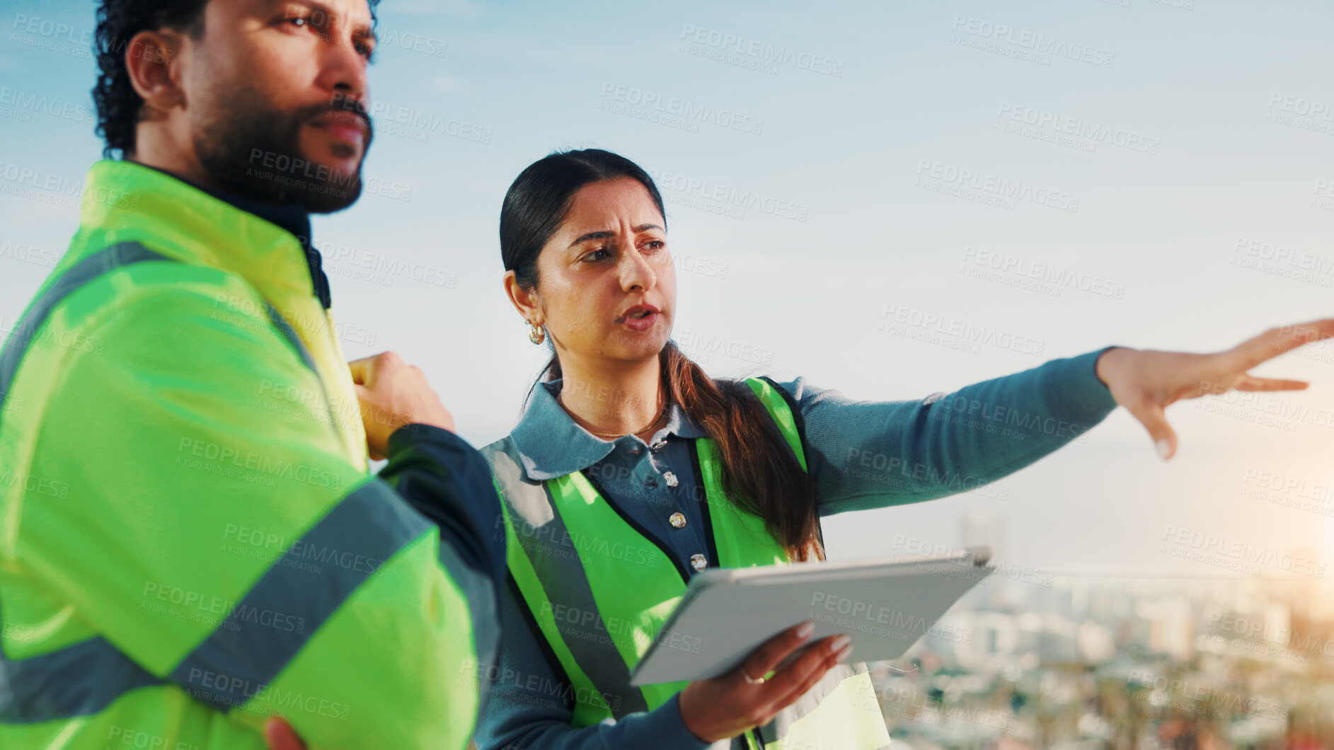 Buy stock photo Supervisor, team and tablet with discussion for construction, point or inspection for project review. Manager, people and talk outdoor with tech for property development, building plan and advice.