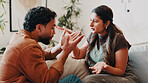 Angry, stress and couple with conflict in home, fight or infidelity with problem in marriage. Upset, argument and confrontation for cheating with people in living room, relationship crisis or affair