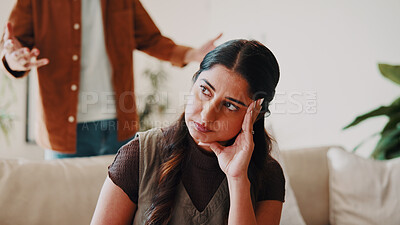 Buy stock photo Woman, thinking and couple with conflict in home, fight or infidelity with marriage future risk. Upset, confrontation and cheating reflection with person in living room, relationship crisis or affair