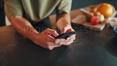Buy stock photo Recipe, diet or hands in kitchen with phone, online instruction or cooking tip in internet search. Digital, nutrition or man in house with tech, food blog or virtual cookbook for culinary activity.