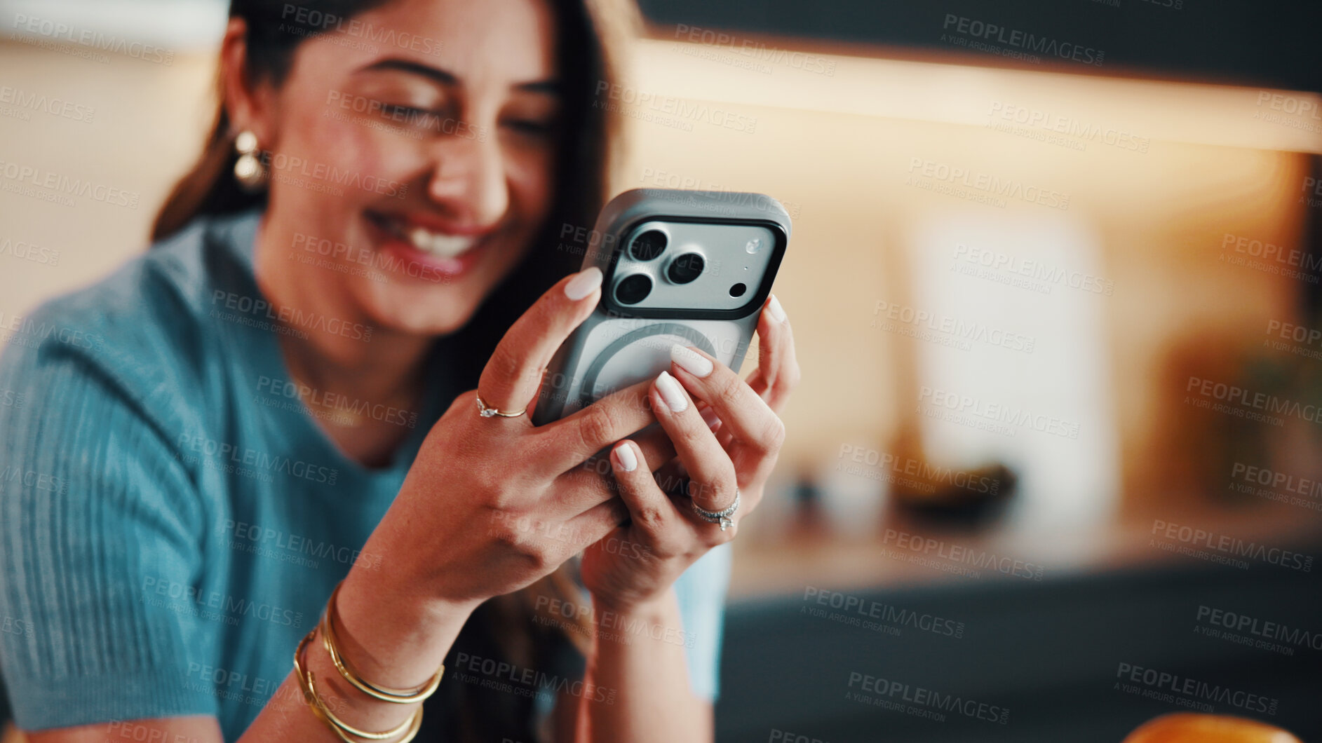Buy stock photo Hands, phone and woman in home on social media, online dating and reading text message with contact. Mobile, happy female person and chat app for profile match, connection or check website link