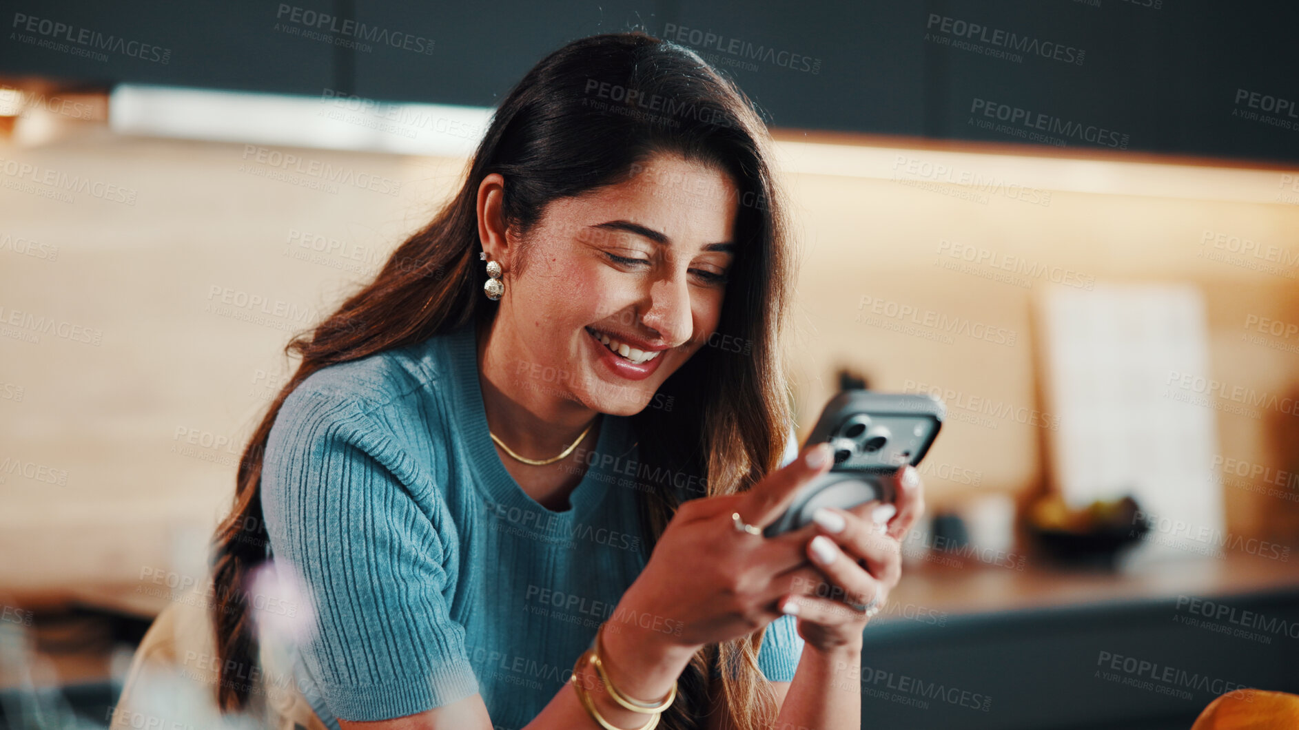 Buy stock photo Smile, phone and woman in kitchen on social media, online dating and reading message with contact. Mobile, happy female person and chat app in home for profile match, connection and text notification