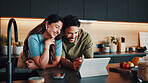 Couple, tablet and recipe in kitchen for breakfast, bonding together and watch video tutorial online. Happy, married people and meal prep in home with tech, nutrition or check guide for healthy food.