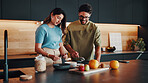 Couple, breakfast and yogurt in kitchen for health, nutrition or food preparation with happiness. Muesli, man and woman with morning diet in home for help, wellness lifestyle and partner support