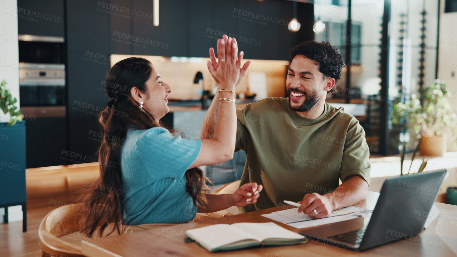 Buy stock photo Laptop, couple and high five in home for financial success, loan approval or tax refund with paper. Computer, happy man and woman with budget goal for investment, debt free or credit score increase