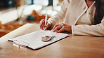 Hands, woman and writing at house with contract, signature and lease information for real estate. Person, consent and key in home with legal document, agreement and property purchase for ownership