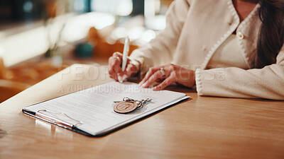 Buy stock photo Hands, woman and writing at house with contract, signature and lease information for real estate. Person, consent and key in home with legal document, agreement and property purchase for ownership