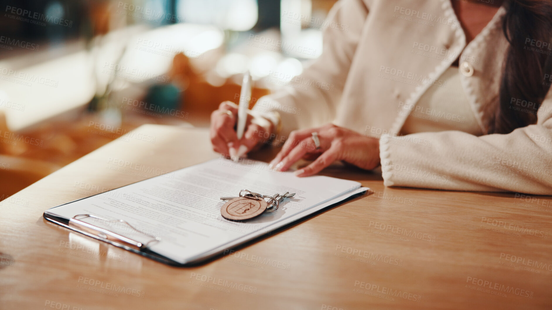 Buy stock photo Hands, woman and writing at house with contract, signature and lease information for real estate. Person, consent and key in home with legal document, agreement and property purchase for ownership