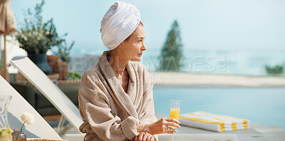 Buy stock photo Thinking, hotel and woman with drink by pool for vacation, luxury getaway and holiday resort. Hospitality, travel and mature person with mimosa, towel and juice for tourism, relax or break on weekend
