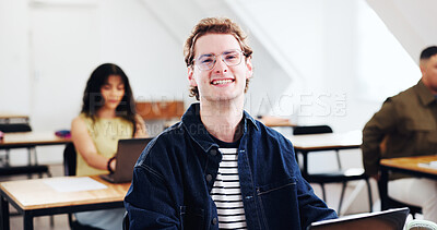Buy stock photo College, portrait or man in class with smile, knowledge or scholarship in academic development. Happy, university or student at campus with confidence, higher education or pride in study opportunity.