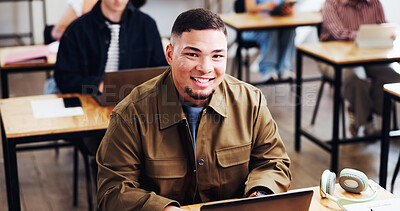 Buy stock photo College student, laptop and happy man in class for education, knowledge or research with portrait. Tech, smile and person study in university with app, course revision and development for learning
