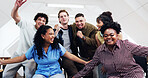Happy friends, students and celebration in college for goal, education milestone or exam pass. Portrait, excited and people at university together with laugh, semester end or fist pump for success