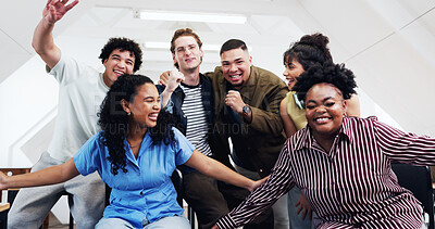 Buy stock photo Happy friends, students and celebration in college for goal, education milestone or exam pass. Portrait, excited and people at university together with laugh, semester end or fist pump for success