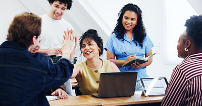 Buy stock photo Business, team and high five for support in meeting, creative and project planning success. Laptop, group or happy people with gesture for solidarity, strategy win and notes at startup agency