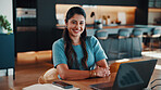 Portrait, woman and remote work in home with laptop, finance career and experience in data analytics. Happy, person and freelance analyst in house with computer, graphs and stats for forecasting job.