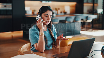 Buy stock photo Woman, laptop and remote work in home with phone call, financial plan and conversation with advice. Freelancer, finance advisor and person in house with tech, contact or wealth management discussion.