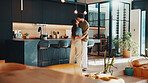 Couple, hug and kiss in house with love, soulmate connection and quality time for bonding together. Married people, embrace and affection in living room with loyalty, romantic partner and commitment.